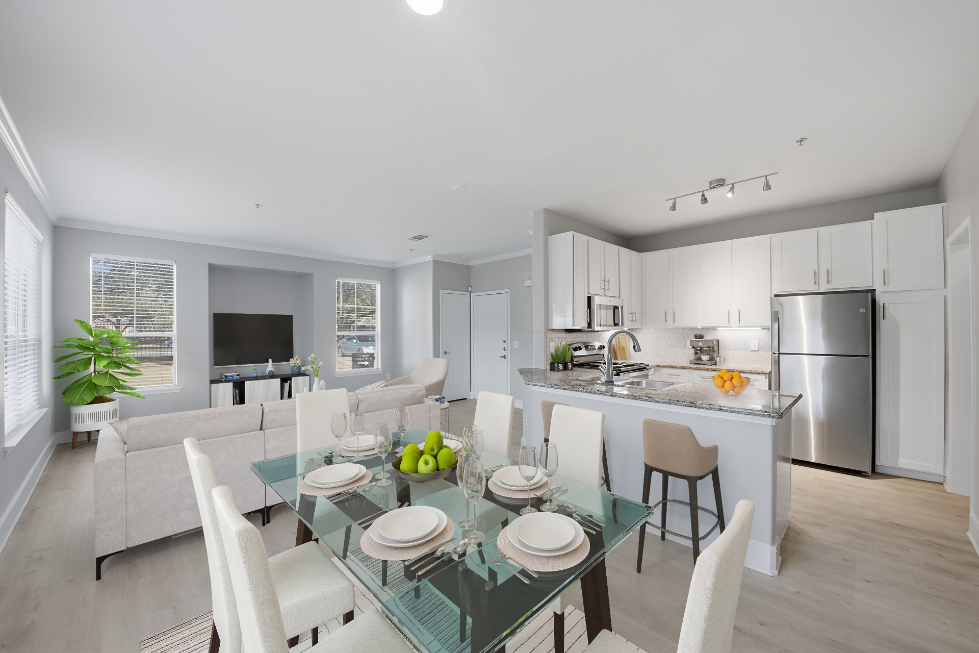 Open-plan living, dining, and kitchen space