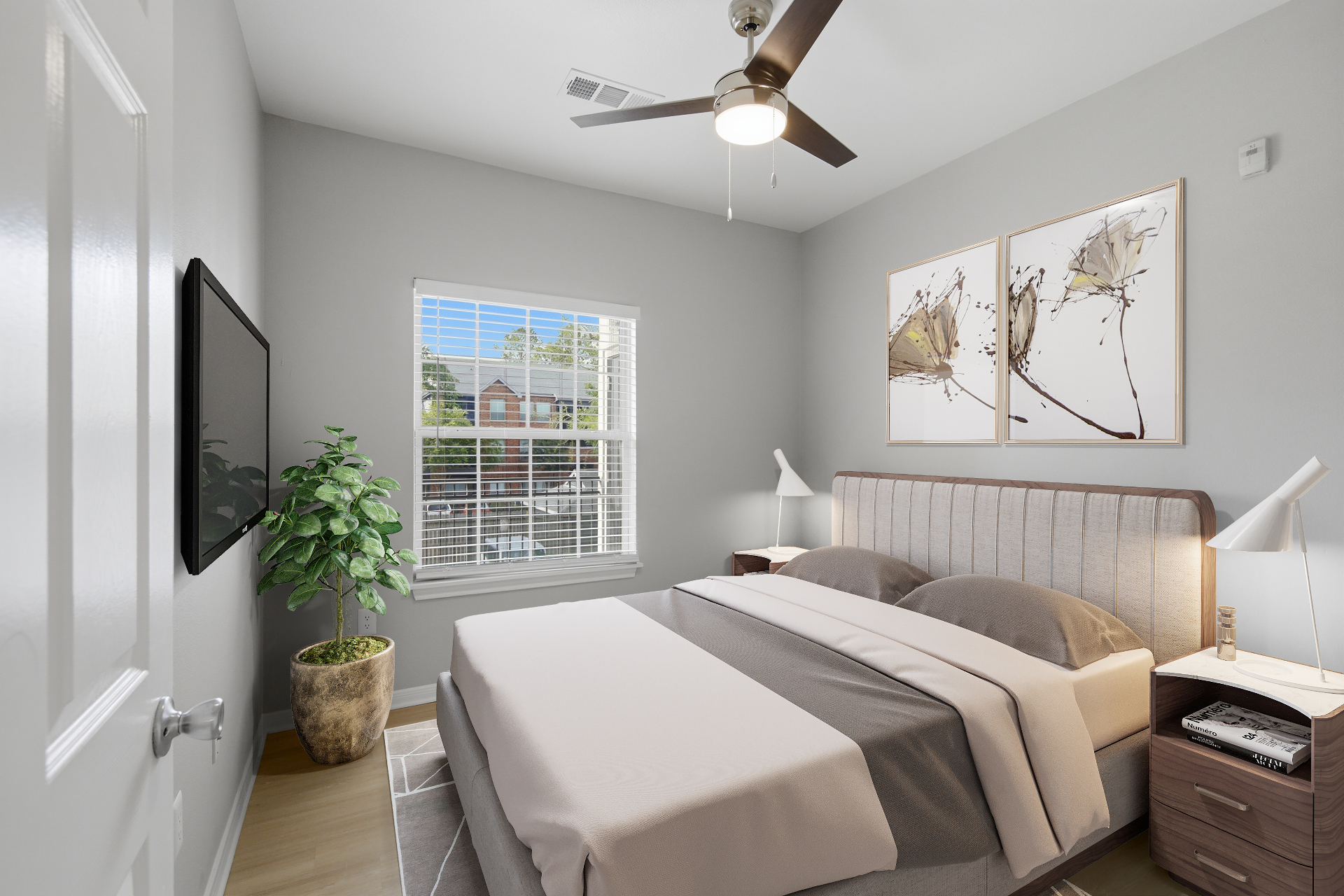 Calm, sunlit bedroom with thoughtful styling